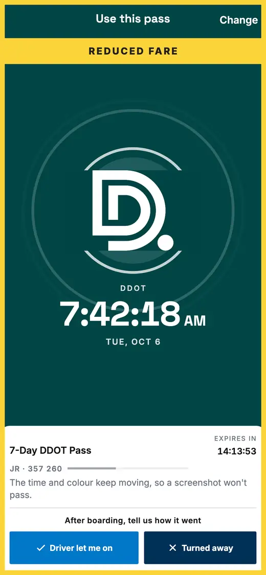 A reduced-fare DDOT pass: the same screen with a yellow frame round it and a yellow REDUCED FARE band at the top