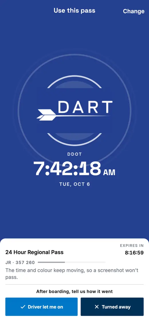 A full-fare Regional pass: the whole screen in Dart blue, with the DART logo and, under it, the name of the agency the rider picked — yours, circles leaving the logo, and a ticking clock