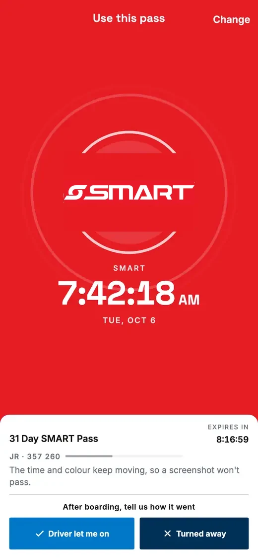 A full-fare SMART pass: the whole screen in SMART red, with the SMART logo, circles leaving the logo, and a ticking clock