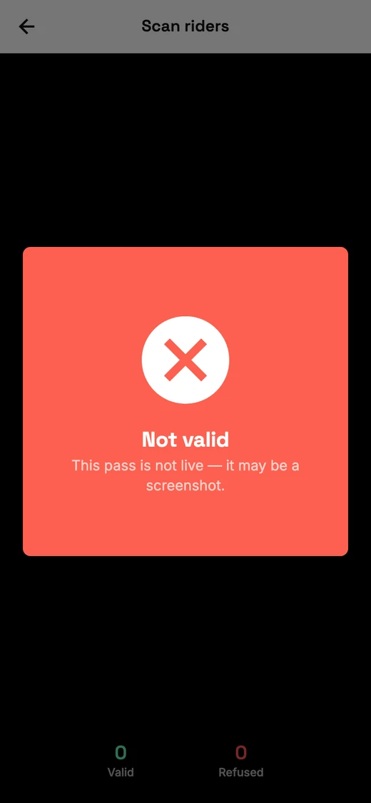 A red Not valid verdict with a cross and the reason: This pass is not live — it may be a screenshot.