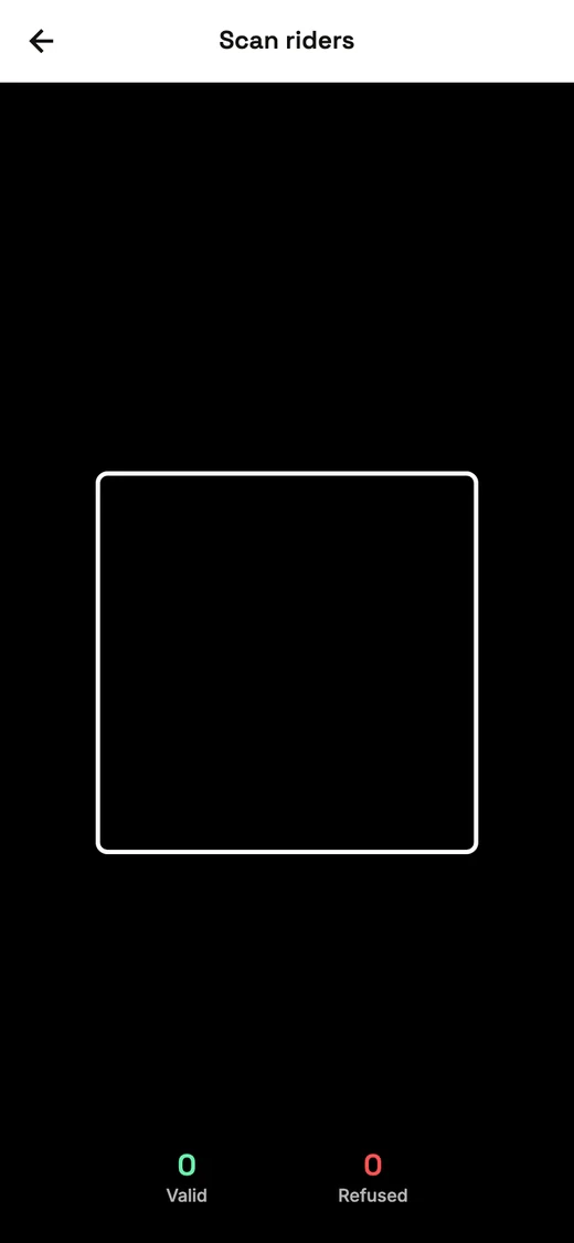 The Scan riders screen: a white square to hold the pass in, over the camera view, with Valid and Refused counters at the bottom