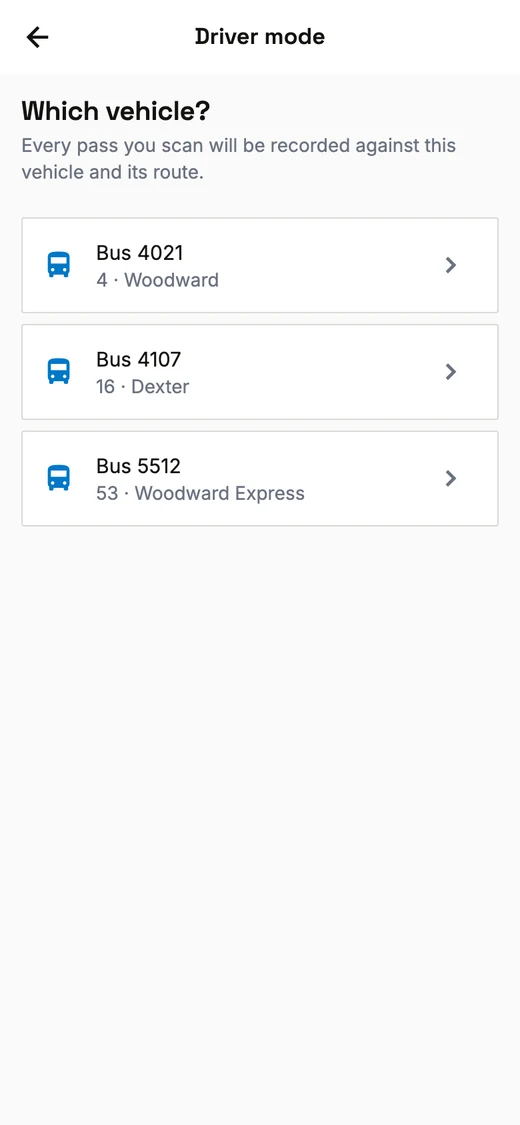 Driver mode asking Which vehicle?, with a list of buses and the route each one is on