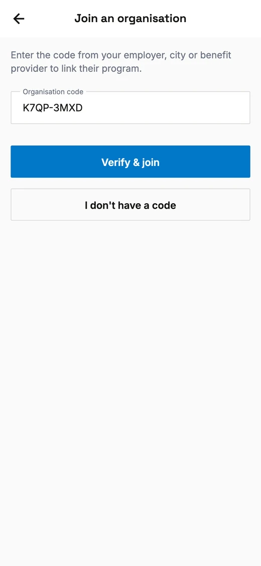 The Join an organisation screen in the app: an Organisation code field holding a code, a blue Verify & join button, and an I don't have a code button below it